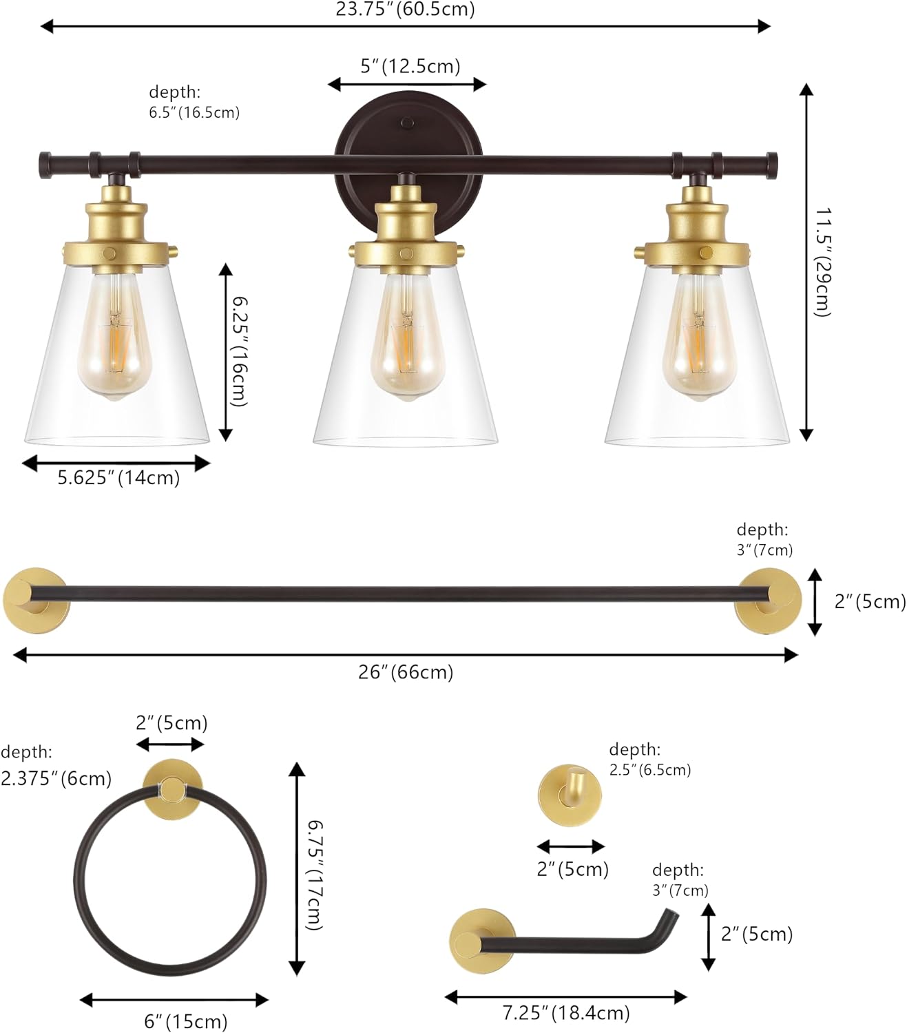 JONATHAN Y JYL1507B Hollis 23.75' 3-Light Traditional Farmhouse Vanity Light with Bathroom Accessory Set, Oil Rubbed Bronze/Gold Painting (5-Piece) - Towel Bar & Ring, Toilet Paper Holder, Robe Hook