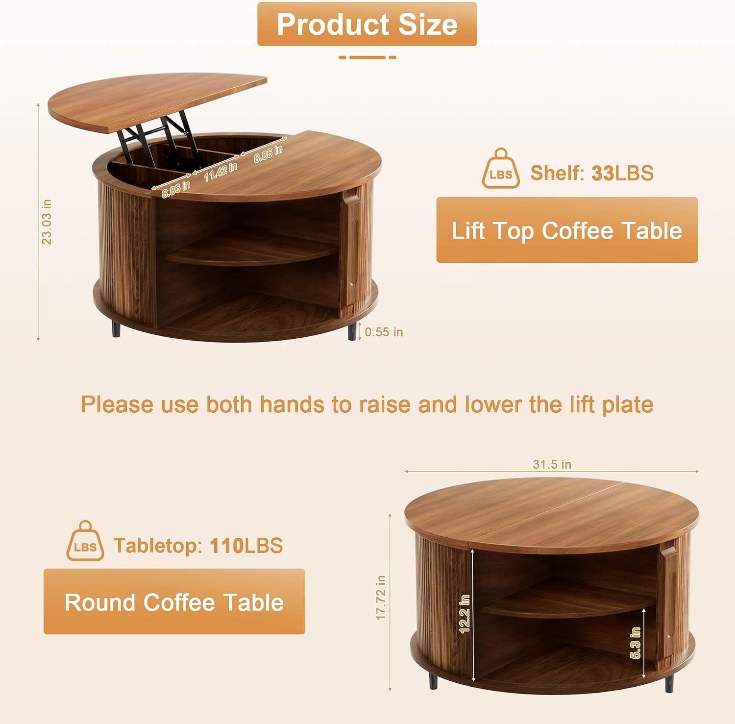 Round Lift Top Coffee Table, 31.5' Fluted Wood Lift Up Center Table with Sliding Door & Hidden Storage, Mid Century Modern Coffee Table for Living Room & Home Office (Walnut)