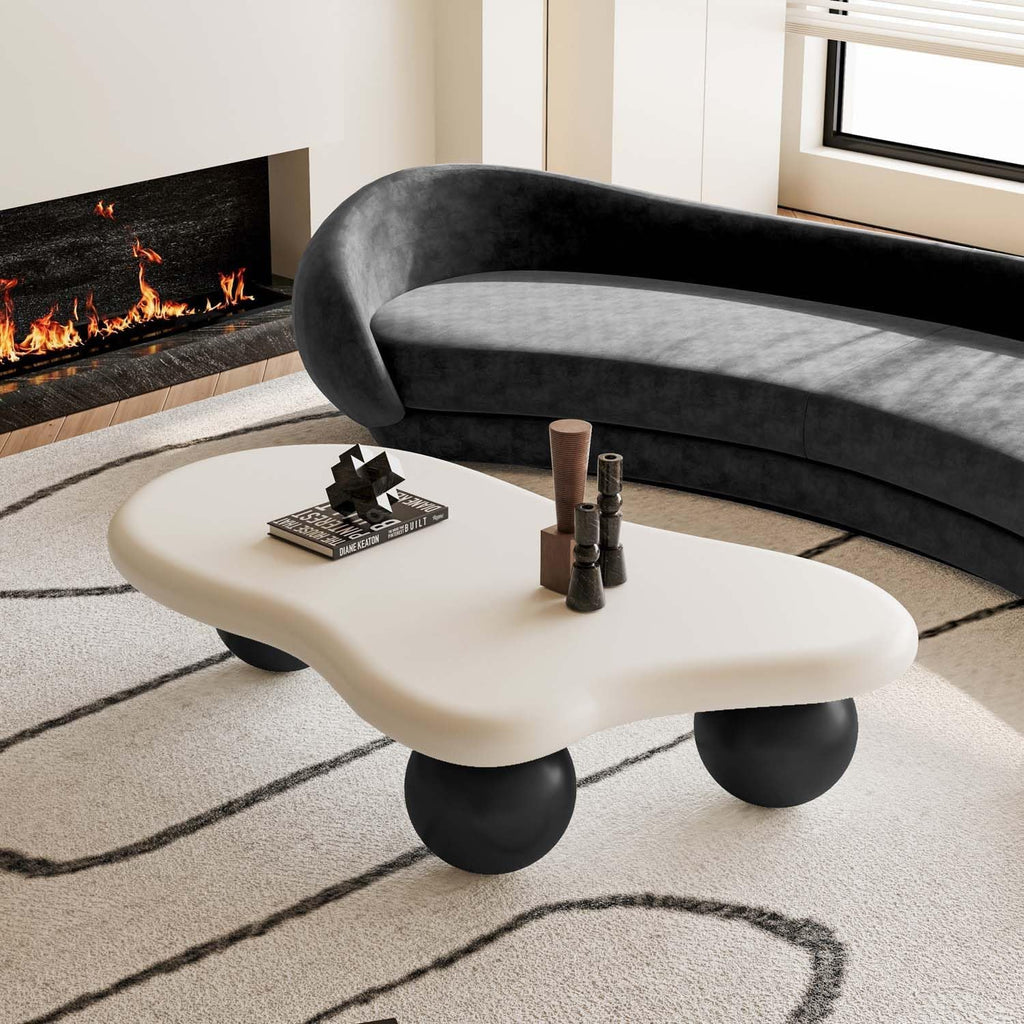47' Cloud Coffee Table for Living Room Irregular Coffee Table Modern Low Coffee Tables Cute Small Center Table with 3 Ball Legs for Small Space Apartment White & Black