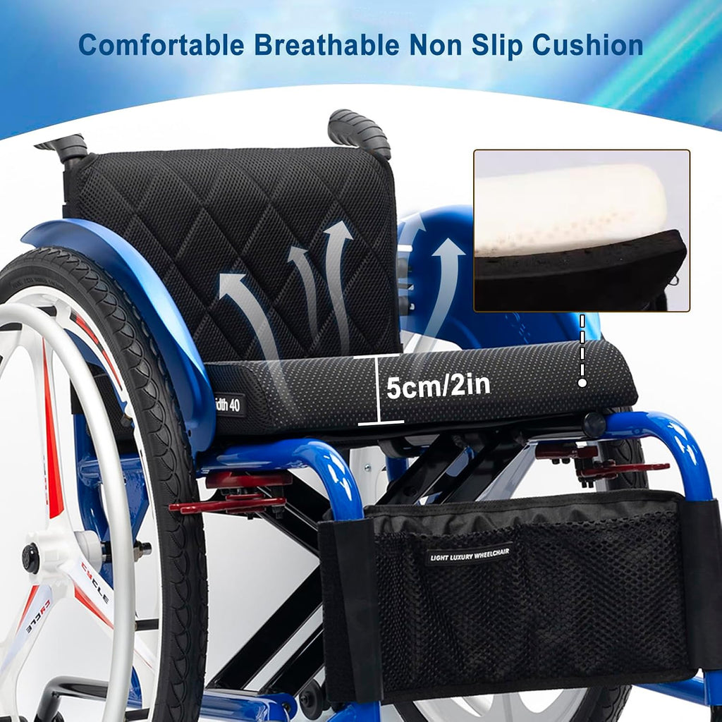 Lightweight Aluminum Alloy Wheelchair,Sports Wheelchair,Self-propelled Portable Manual Wheel Chair,Folding Transport Wheelchair,with Handbrakes and Quick Release Rear Wheels(Hard Backrest,38c/15in)