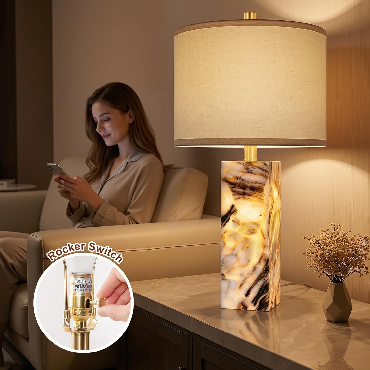 Scenekoy 23' Modern Alabaster Table Lamps Set of 2 with Night Light for Bedroom, Rotary Switch, Bedside Lamp with Linen Shade, Brown Table Lamp for Living Room Nightstand Office (Bulb Included)