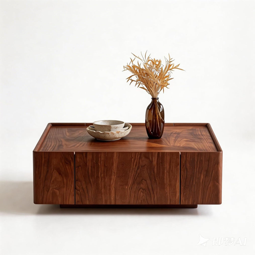 WILLIAMSPACE 35.43' Square Coffee Table with 2 Drawers Storage, Modern Drum Center Table Tea Table for Living Room Apartment, No Need Assembly - Walnut