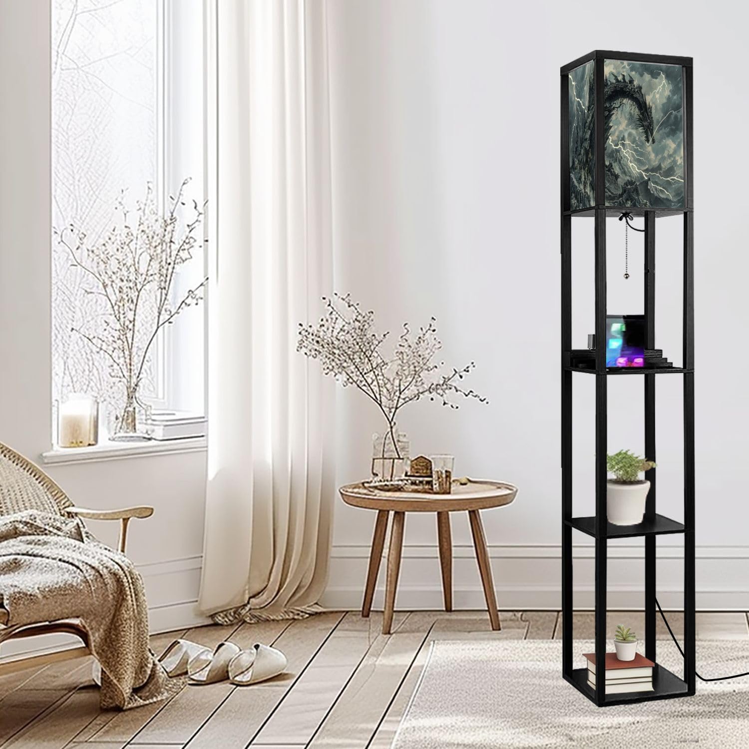 Floor Lamp with Shelves Dragon Shaped Crag Ruined Fortress Monochromatic Art Standing Tall Lamp USB Ports & Power Outlet Modern Corner Lamp Nightstand Light for Living Room Bedroom