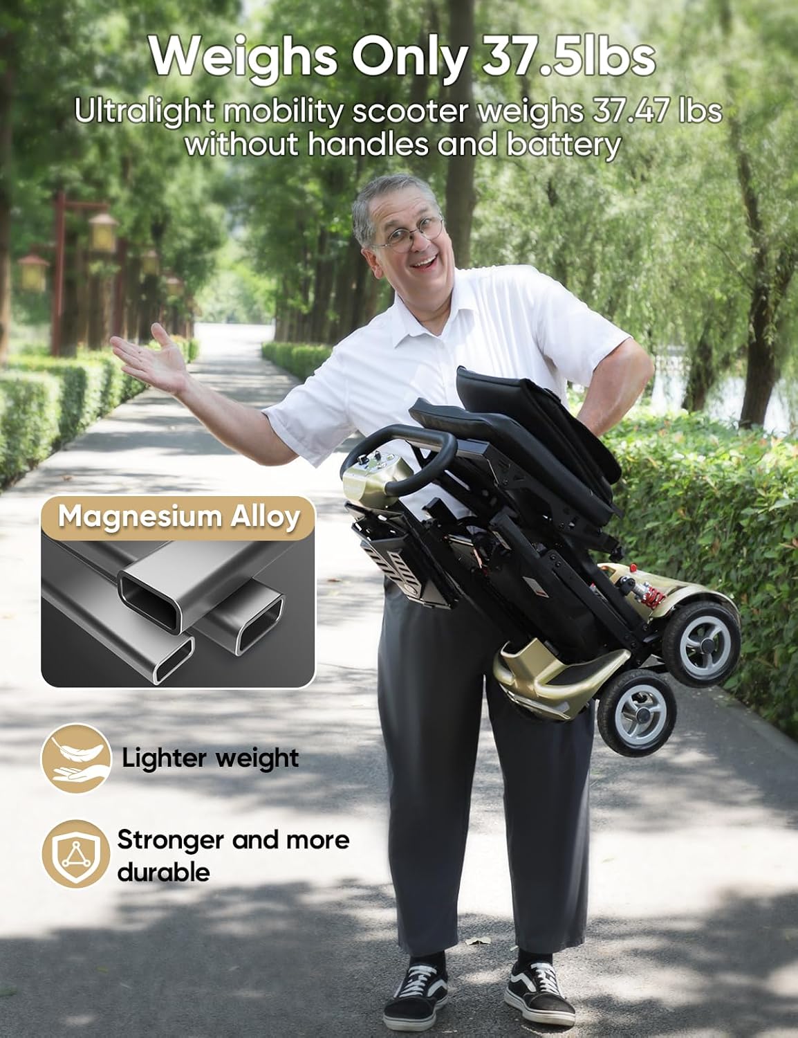 Ultra Light Folding Mobility Scooters for Adults Seniors - 37.5 lbs - 4 Wheel Electric Scooters Airline Cruise Approved for Travel, All Terrain Motorized Scooter, 275 lbs Capacity, Gold