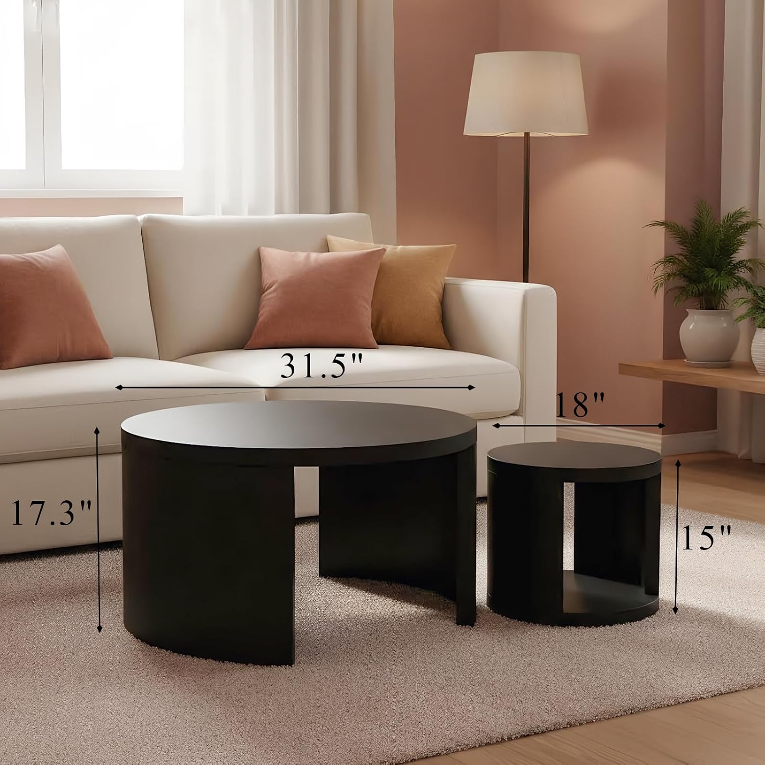 Round Coffee Table Set of 2, Nesting Coffee Tables with Storage, Living Room Table Set, Modern Wood Center Table for Living Room, Apartment, 31.5' & 18' Accent Table Set, Black