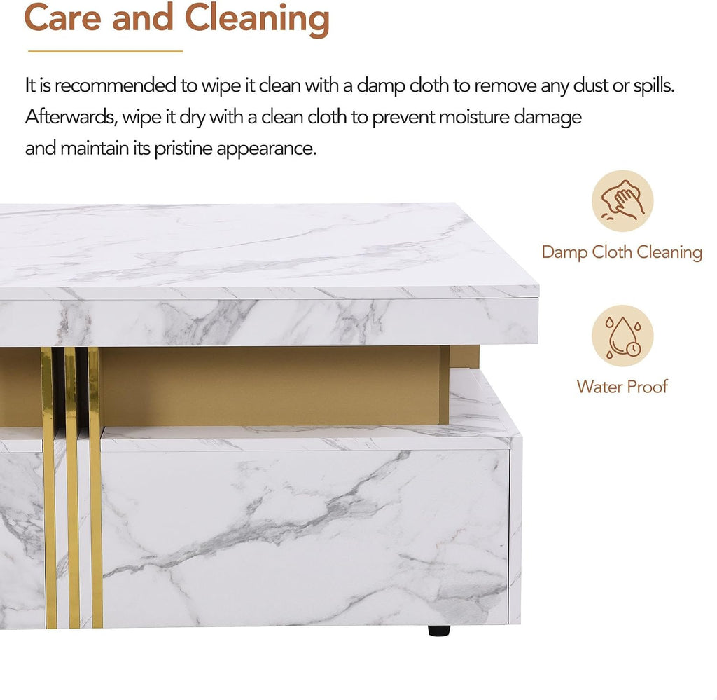 GDFStudio Barsv Modern Square Coffee Table with 4 Drawers, Stylish Storage Accent Table, Living Room Furniture with Ample Space, Remote Control Organizer, Glam Home Decor, White + Gold