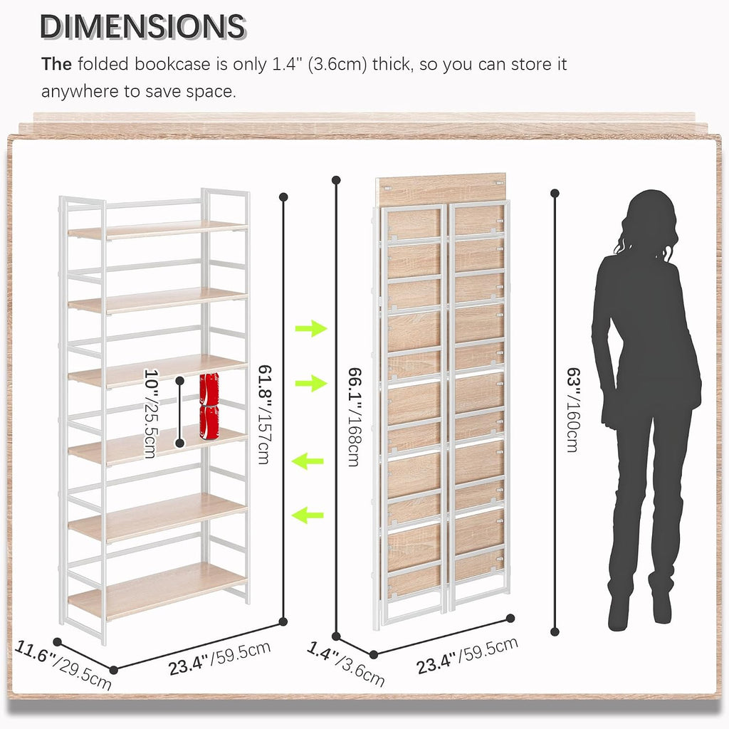 4NM No Assembly 6 Tier Collapsible Book Shelves, 61.8' H x 23.6' W Folding Bookshelf Bookcase Open Industrial Foldable Shelf for Bedroom, Living Room, Home Office - Natural White