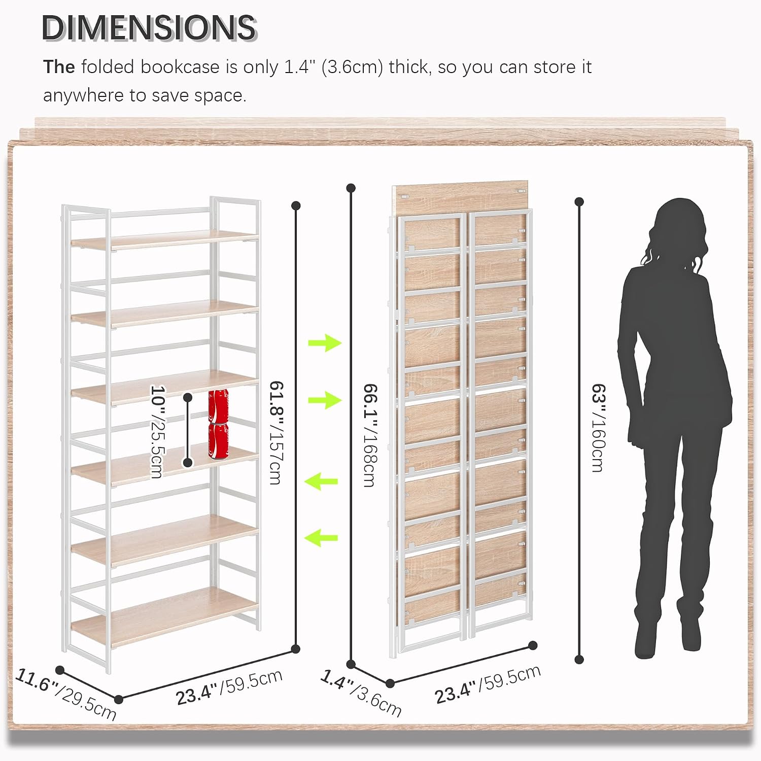 4NM No Assembly 6 Tier Collapsible Book Shelves, 61.8' H x 23.6' W Folding Bookshelf Bookcase Open Industrial Foldable Shelf for Bedroom, Living Room, Home Office - Natural White