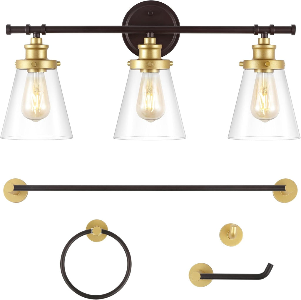 JONATHAN Y JYL1507B Hollis 23.75' 3-Light Traditional Farmhouse Vanity Light with Bathroom Accessory Set, Oil Rubbed Bronze/Gold Painting (5-Piece) - Towel Bar & Ring, Toilet Paper Holder, Robe Hook