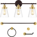 JONATHAN Y JYL1507B Hollis 23.75' 3-Light Traditional Farmhouse Vanity Light with Bathroom Accessory Set, Oil Rubbed Bronze/Gold Painting (5-Piece) - Towel Bar & Ring, Toilet Paper Holder, Robe Hook