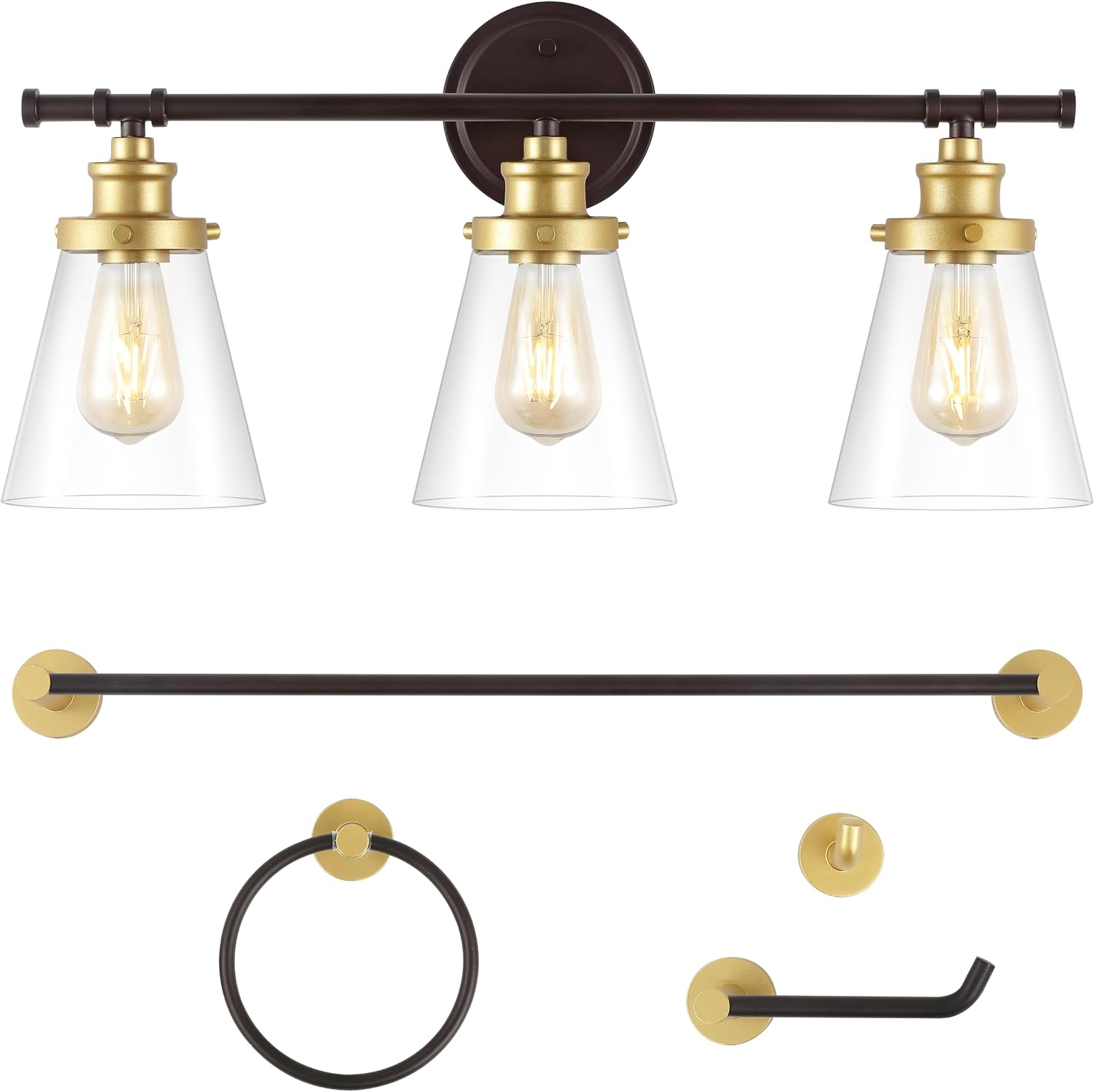 JONATHAN Y JYL1507B Hollis 23.75' 3-Light Traditional Farmhouse Vanity Light with Bathroom Accessory Set, Oil Rubbed Bronze/Gold Painting (5-Piece) - Towel Bar & Ring, Toilet Paper Holder, Robe Hook