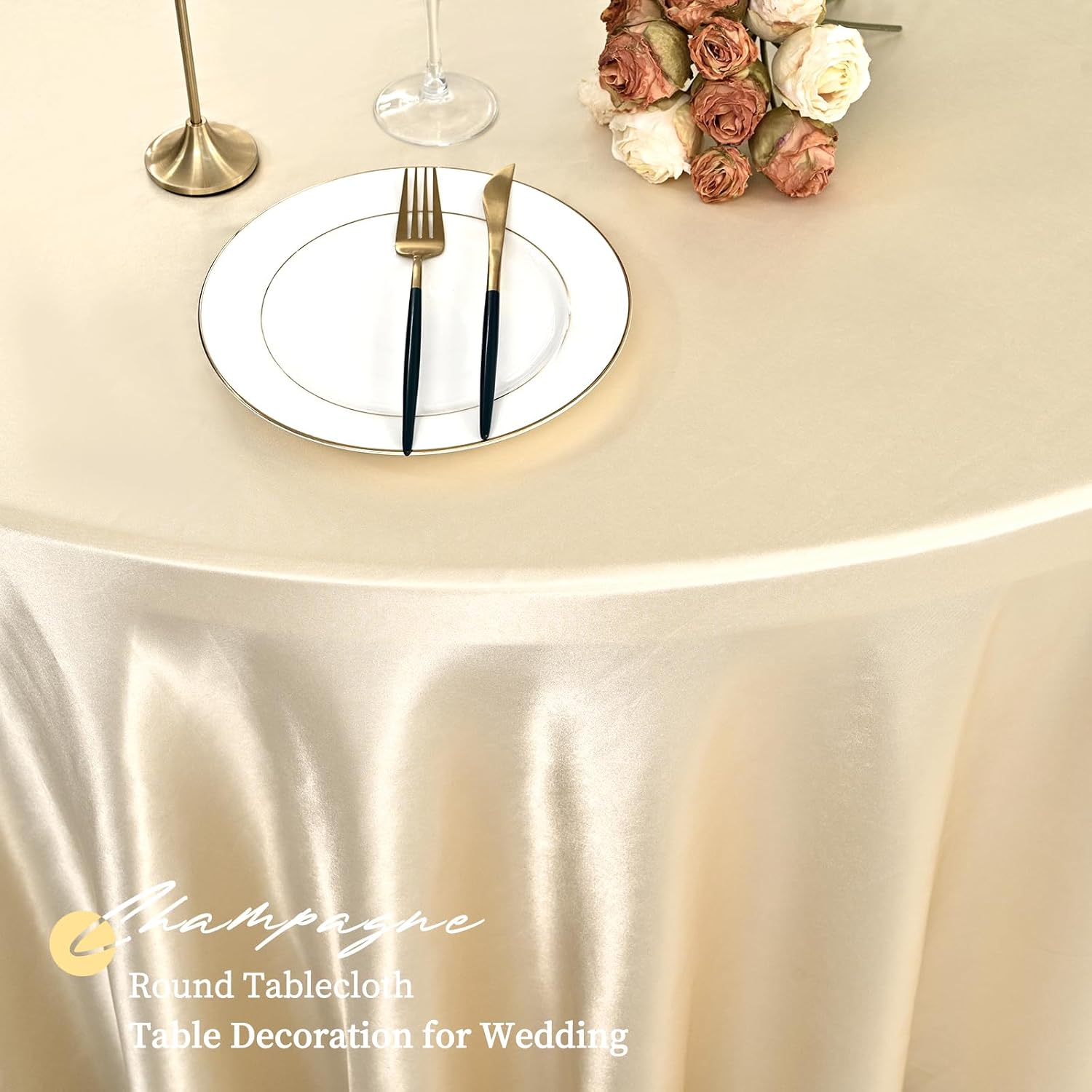fani 12 Pack 120 Inch Champagne Satin Tablecloth - Premium Bright Silky Round Tablecloth Overlay Smooth Fabric Table Cover, Table Decoration for Wedding Party Banquet Events Restaurant Kitchen Dining