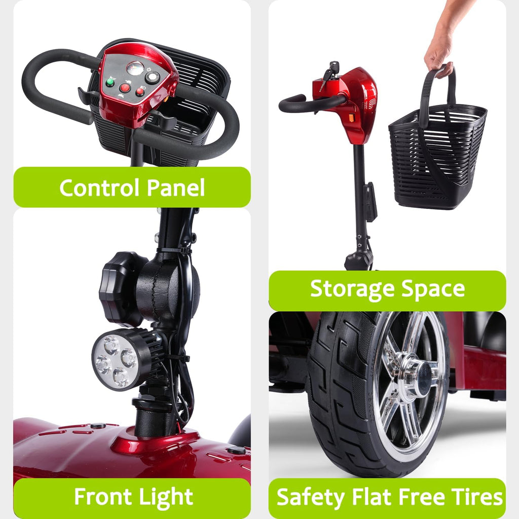 SAYYEAH 4 Wheels Mobility Scooter for Adults&Seniors, Max Speed:6mph, Mobility Scooter for Travel, with LED Headlights and Basket, Charger Included, (Purple/red/Blue/Silver) (RED)