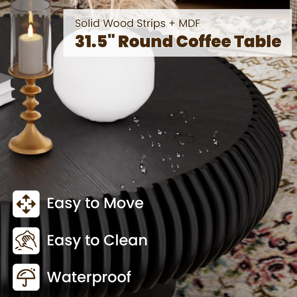 31.5' Drum Coffee Table Modern Unique Fluted Tea Table Contemporary Wood Round Coffee Table with Fluted Centry Table for Living Room Walnut (31.5' Black)