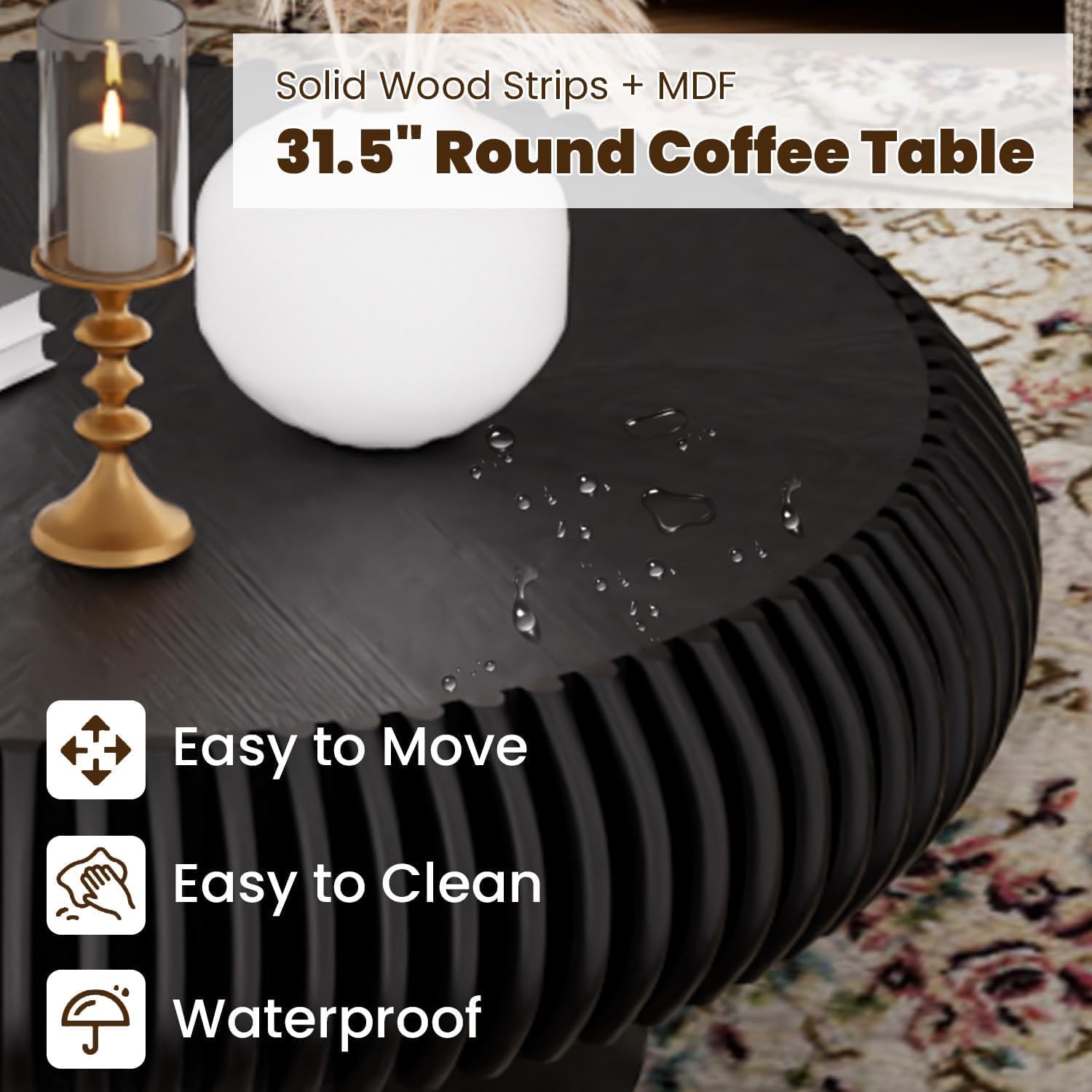 31.5' Drum Coffee Table Modern Unique Fluted Tea Table Contemporary Wood Round Coffee Table with Fluted Centry Table for Living Room Walnut (31.5' Black)