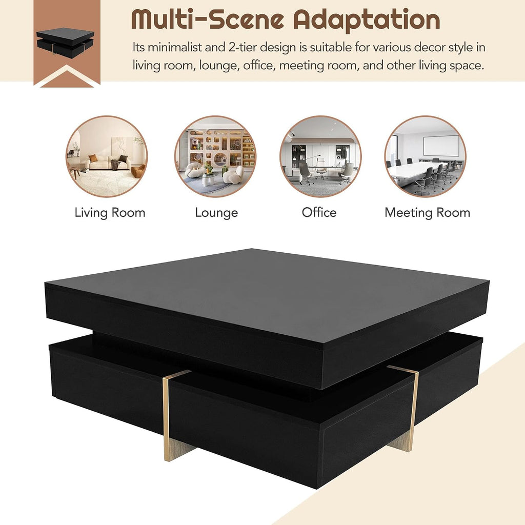Modern Coffee Table With Storage, Contemporary Square Coffee Table With Drawers, High Gloss Modern Center Table For Living Room, Reception Room, Office, Black, 31'D X 31'W X 11'H