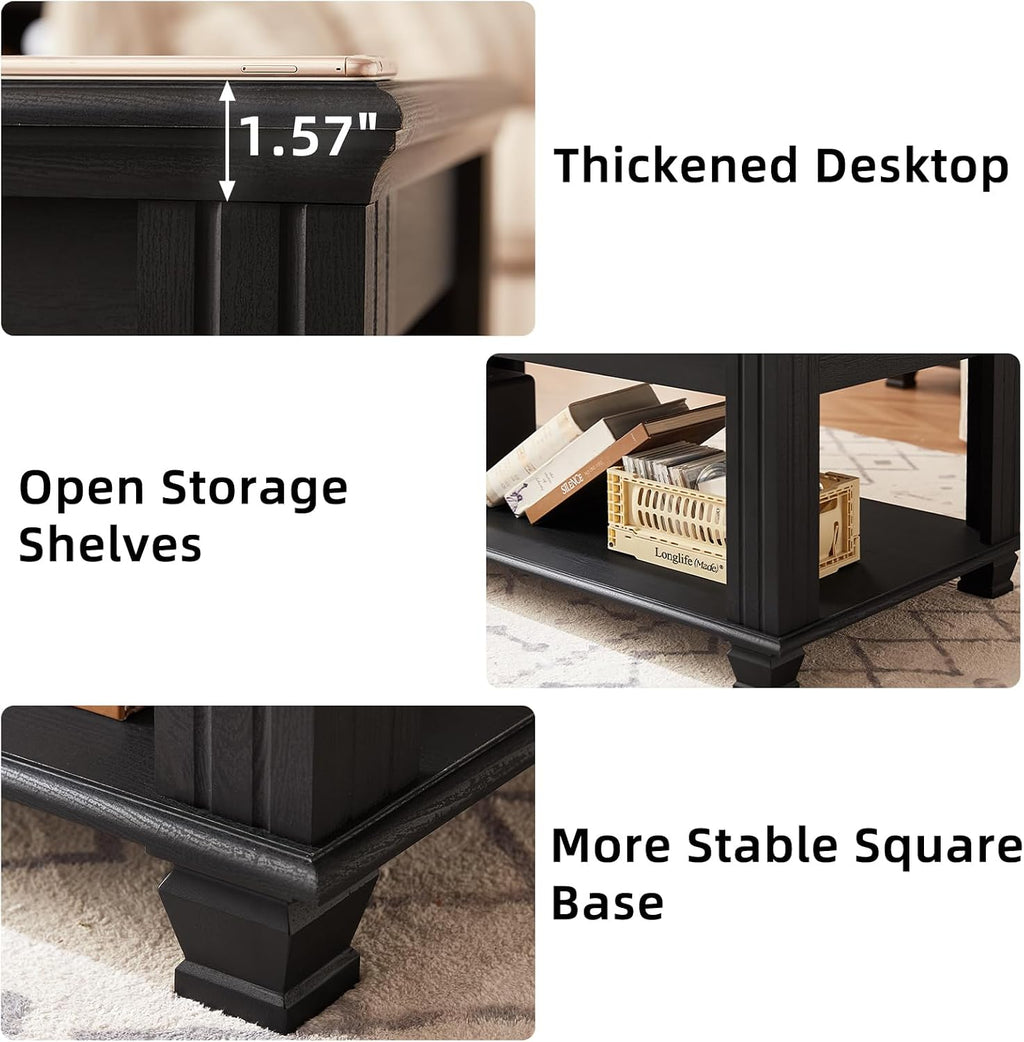 SAVOR LIFE Farmhouse Coffee Table Set of 3,Rustic Wooden Living Room Table Set,Large Coffee/End Side Tables with Open Shelf for Living Room,Black