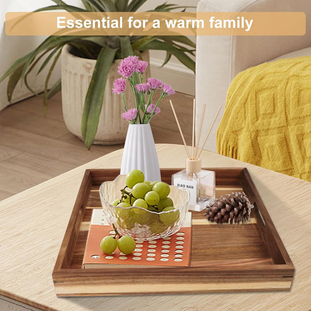 30'' Extra Large Square Wood Tray - Acacia Wood Ottoman Tray with Handles, Rustic Serving Tray for Living Room, Kitchen and Coffee Table, Wooden Trays for Ottoman,Ottoman Table Topper
