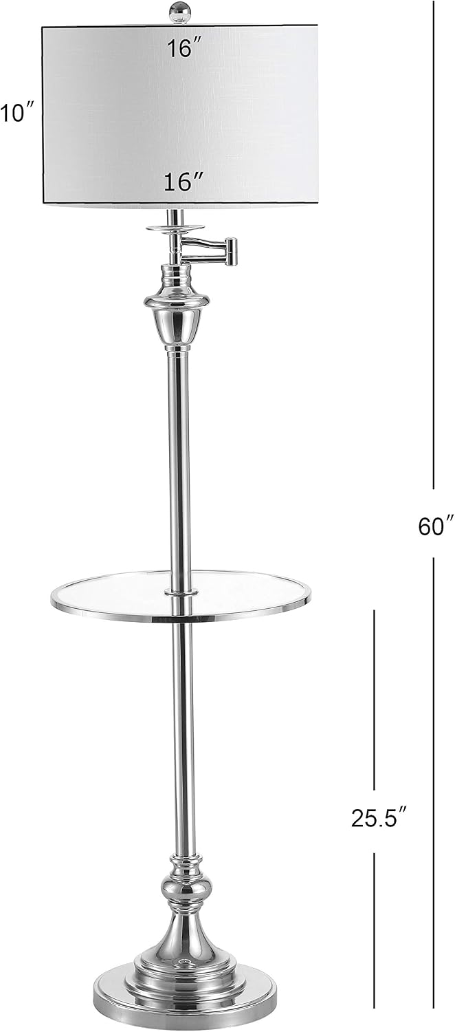 JONATHAN Y 60' Chrome Floor Lamp with Integrated Glass Side Table, Modern Swing Arm Standing Lamp for Living Room, White Linen Shade, LED Bulb Included (JYL3055B)