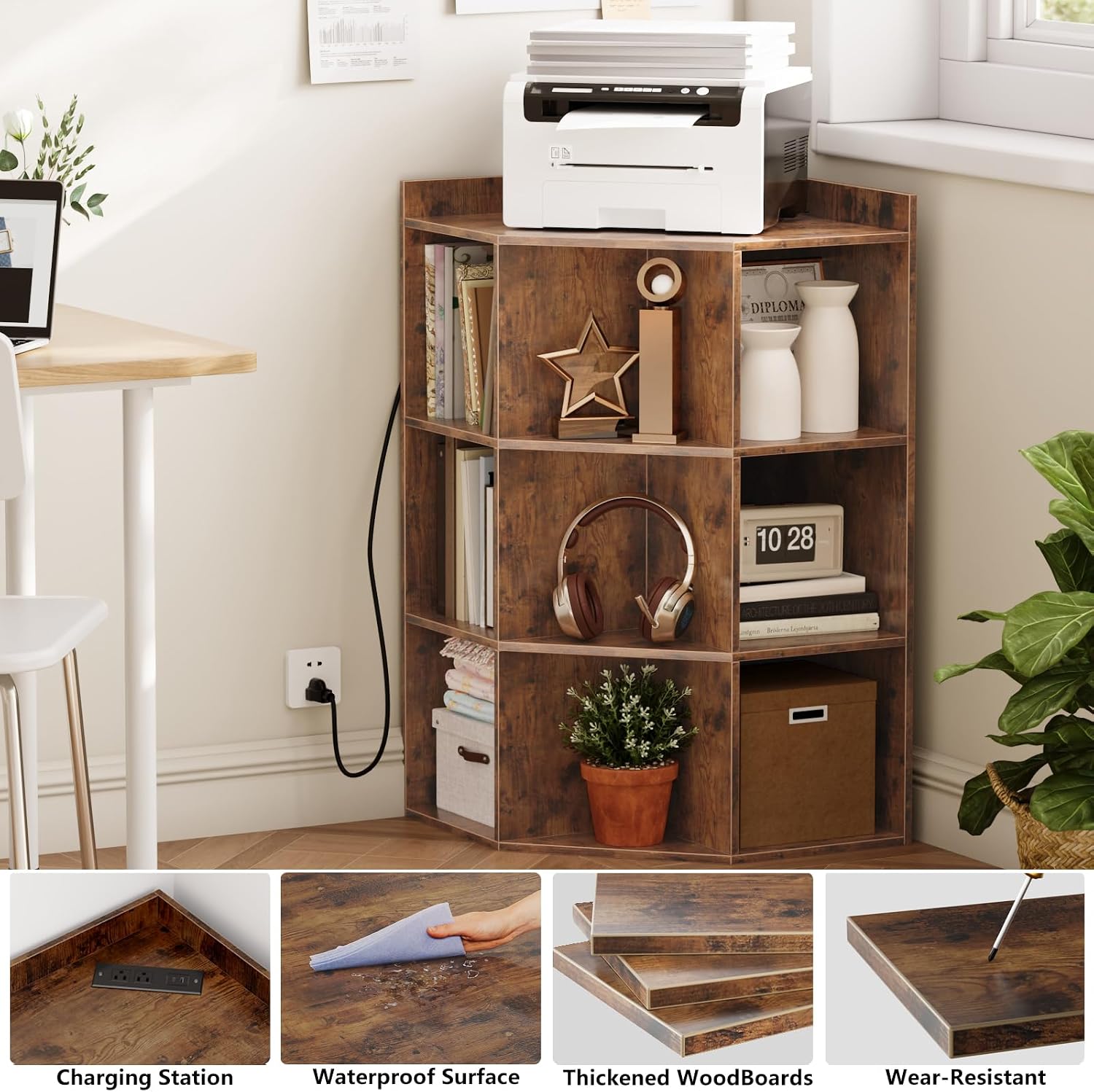 ALISENED 9 Cubes Brown Corner Cabinet, Corners Cube Shelf with USB Ports and Outlets, Toy Corners Storage for Small Space, Wooden Cubby Corner Bookshelf for Living Room, Bedroom, Dining Room, Kitchen