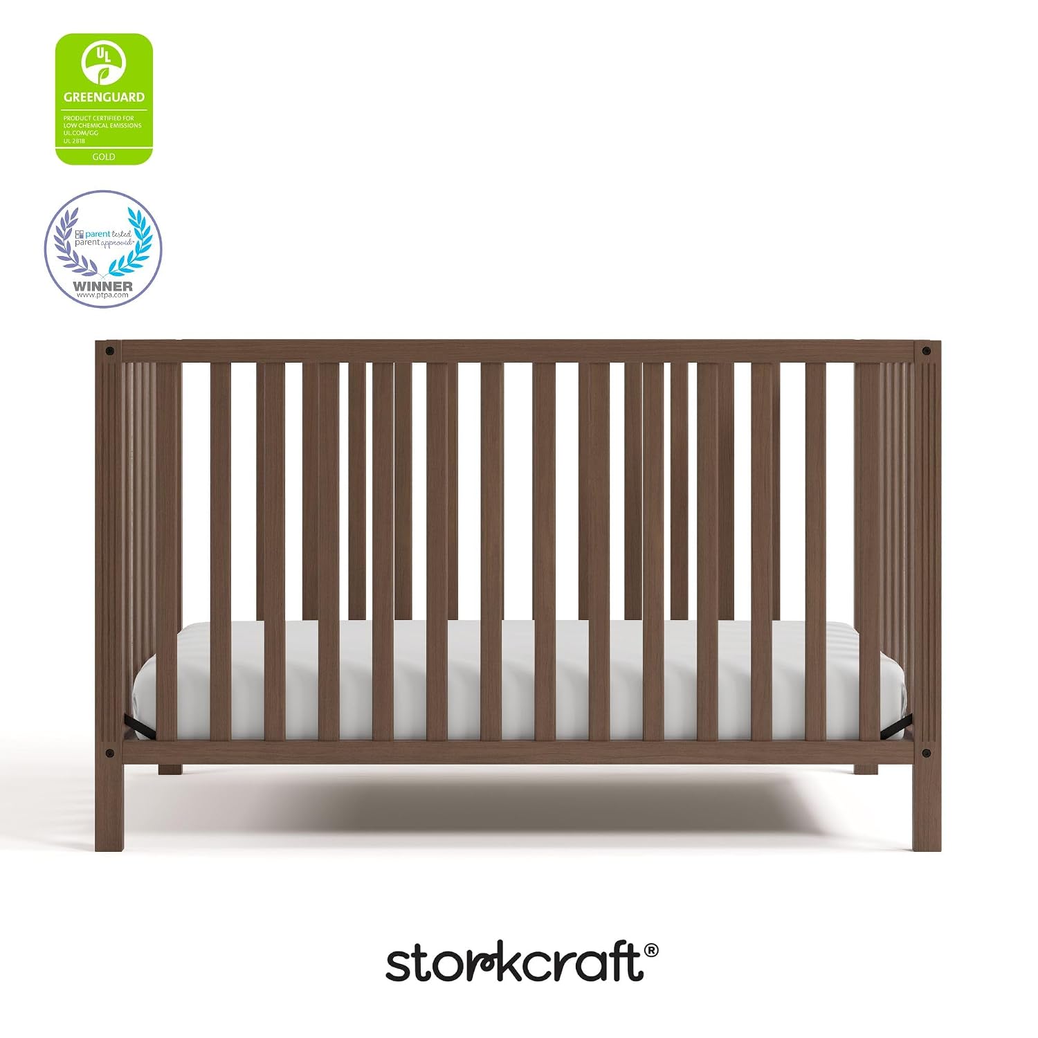 Storkcraft Morningside 5-in-1 Convertible Crib – GREENGUARD Gold Certified, Fits Standard Crib Mattress, Converts to Toddler Bed, Daybed and Full Bed, 4 Adjustable Mattress Heights (Hazelnut)