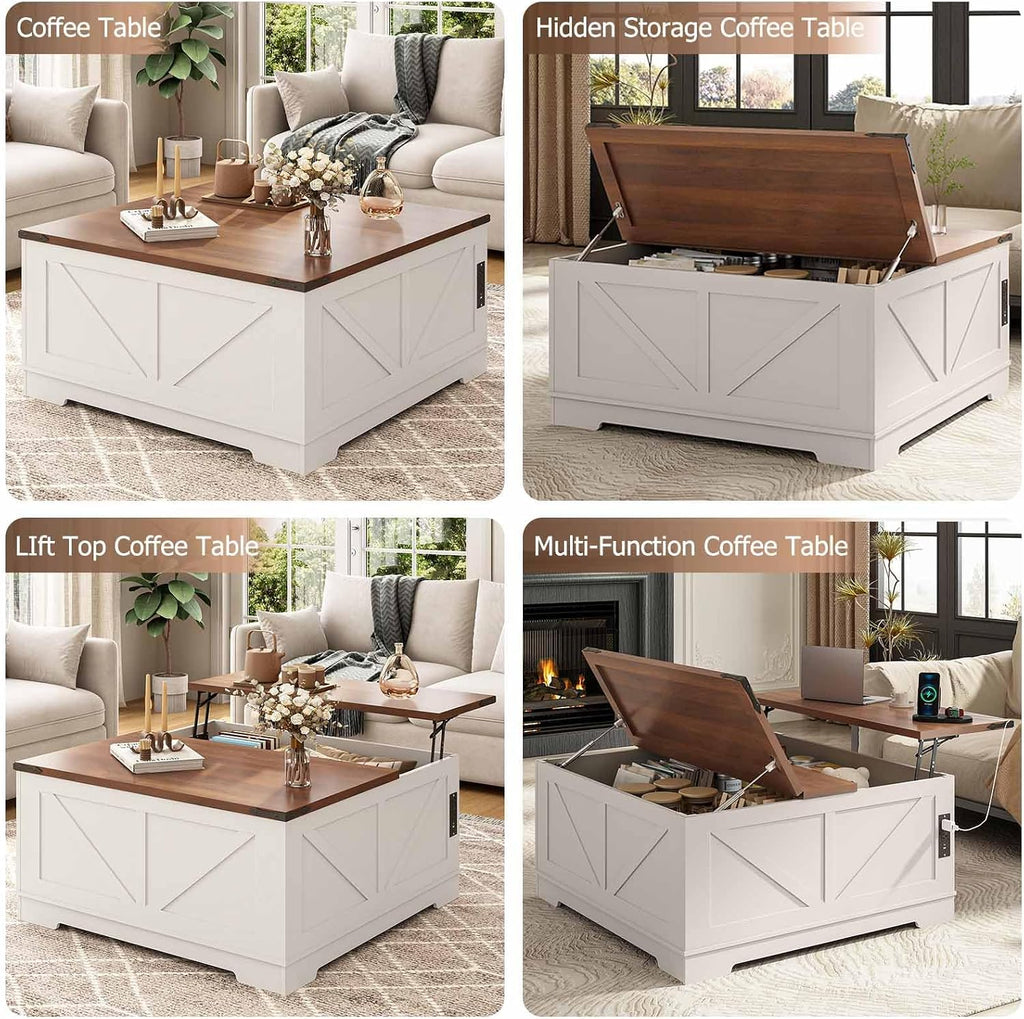 EAG 40' Large Farmhouse Lift Top Coffee Table with Hidden Compartment & Power Outlets, Square Wooden Coffee Table with Multi-Function Flip-Top Ample Storage Center Table for Living Room, White