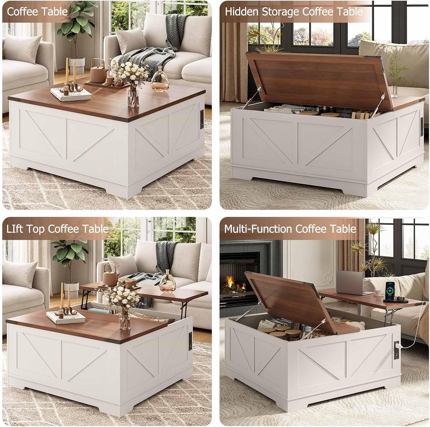 EAG 40' Large Farmhouse Lift Top Coffee Table with Hidden Compartment & Power Outlets, Square Wooden Coffee Table with Multi-Function Flip-Top Ample Storage Center Table for Living Room, White