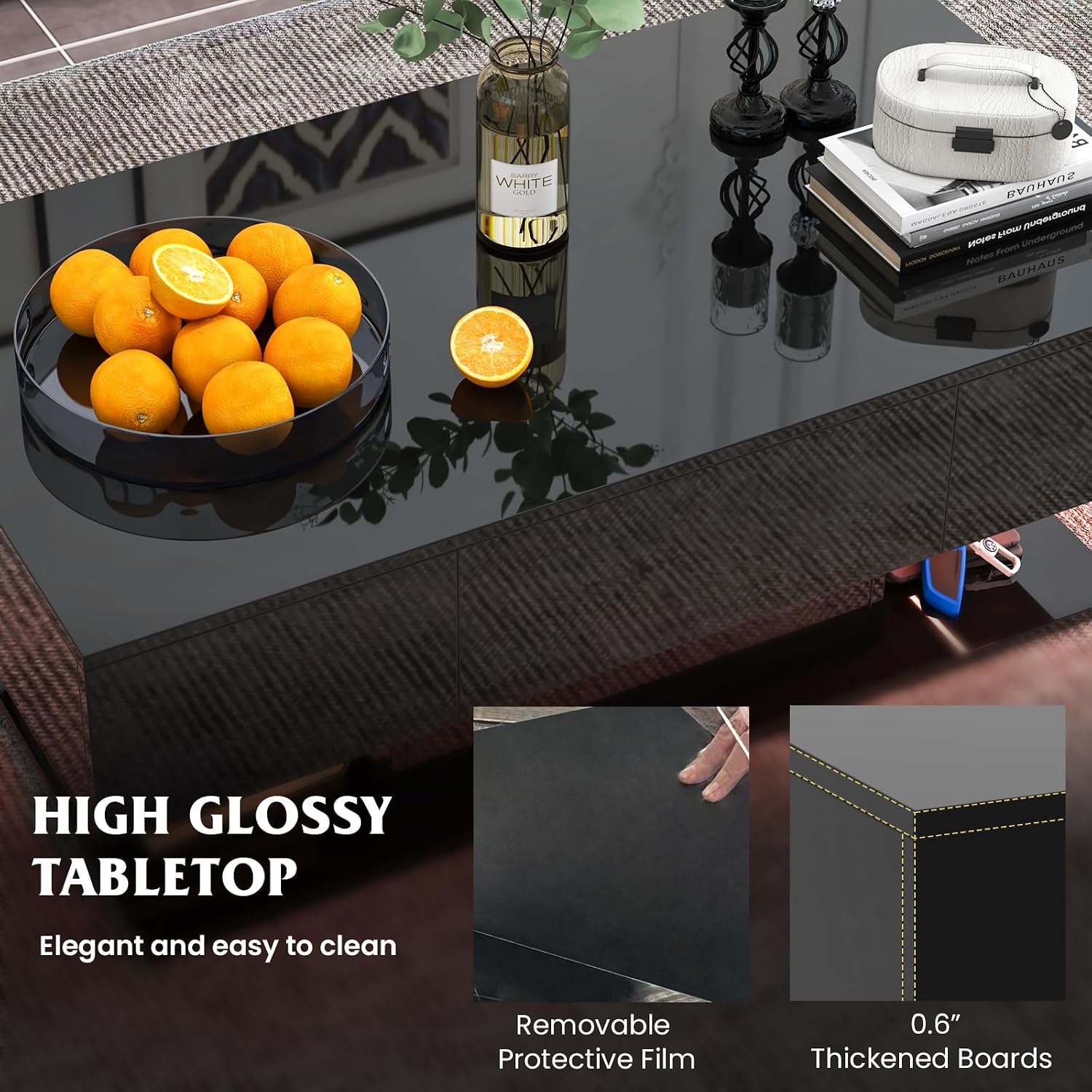 Tangkula LED Coffee Table with 2 Drawers, High Glossy Modern Center Table, 20-Color Dimmable LED Lights & Remote Control, 2-Tier Rectangle Coffee Table for Living Room (with Drawer, Black)