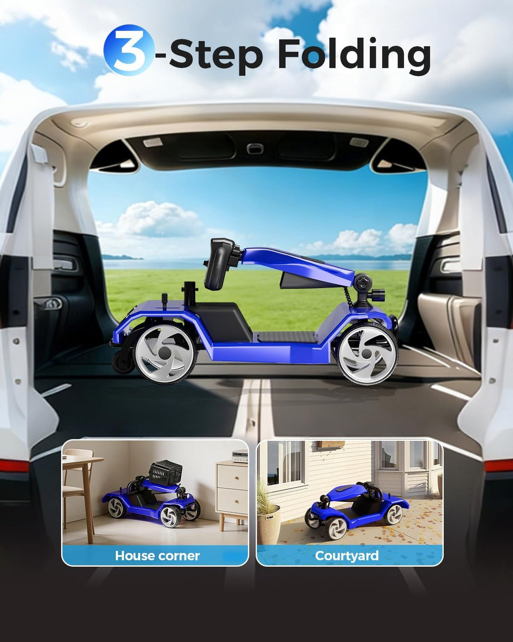 Foldable Mobility Scooters for Seniors,330LBS Capacity,15.5-Mile Range,4 Wheel Lightweight Mobility Scooters for Adults,Powered Electric Mobility Scooters,Folding Travel Motorized Scooters-Blue