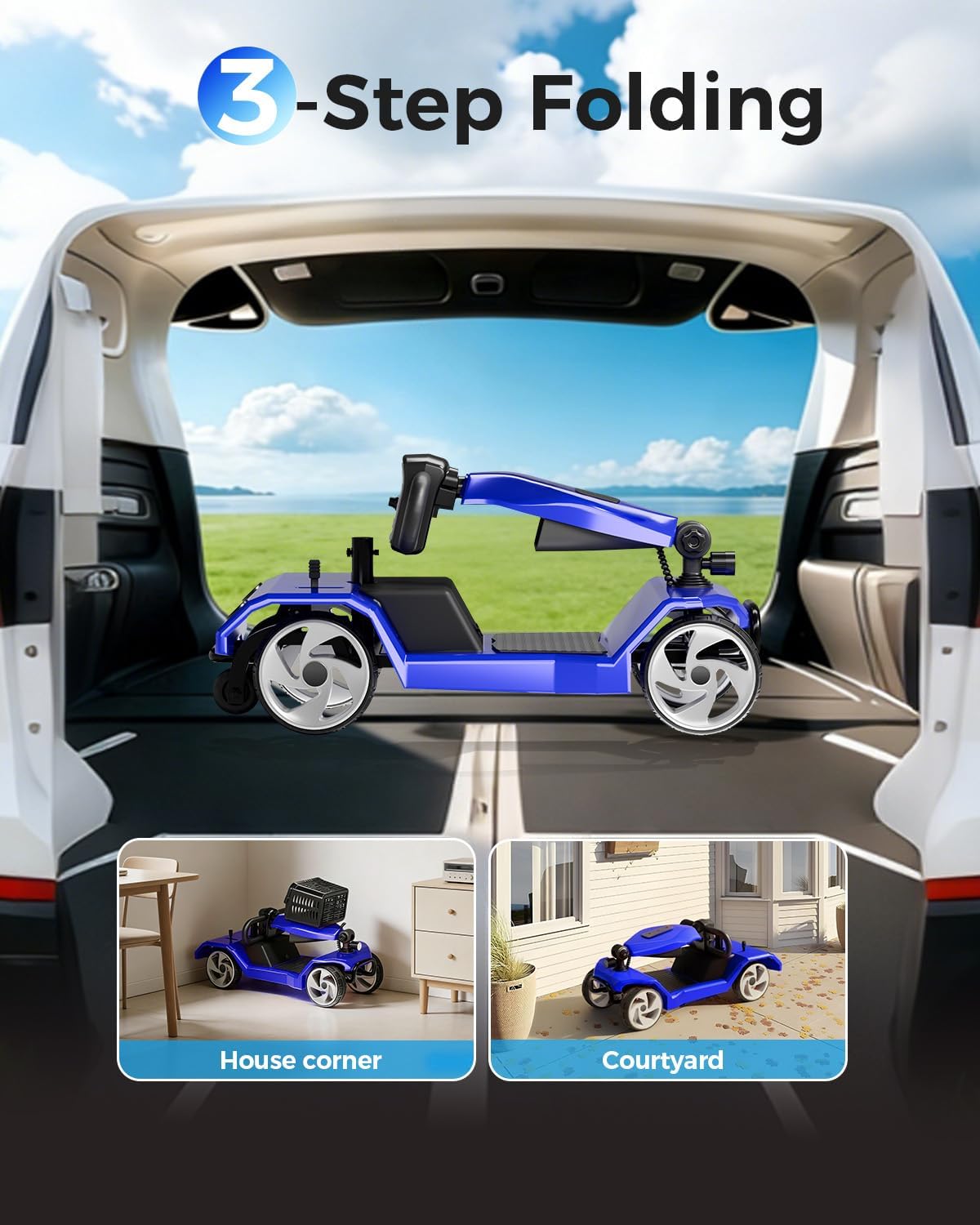Foldable Mobility Scooters for Seniors,330LBS Capacity,15.5-Mile Range,4 Wheel Lightweight Mobility Scooters for Adults,Powered Electric Mobility Scooters,Folding Travel Motorized Scooters-Blue