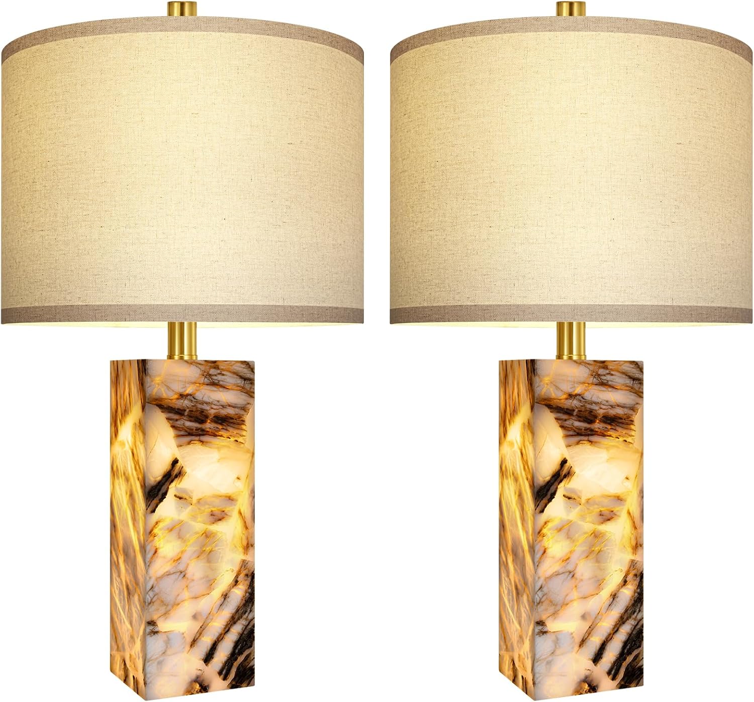 Scenekoy 23' Modern Alabaster Table Lamps Set of 2 with Night Light for Bedroom, Rotary Switch, Bedside Lamp with Linen Shade, Brown Table Lamp for Living Room Nightstand Office (Bulb Included)