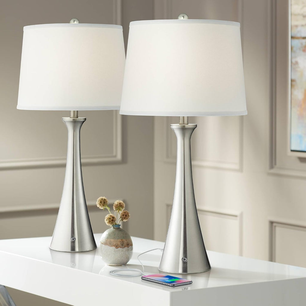 360 Lighting Karl 27 1/2' Tall Set of 2 Modern Table Lamps with USB Charging Ports A+C and AC Power Outlet Brushed Nickel White Drum Shade Bedroom Living Room House Home Bedside Nightstand Office