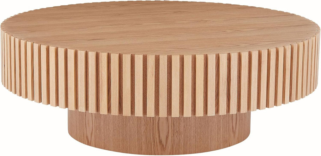 39.37'' Oak Round Coffee Table for Living Room, Modern Wood Contemporary Circle Fluted Drum Style, Easy Assembly, Oak(ø39.37'' x 13.42'')
