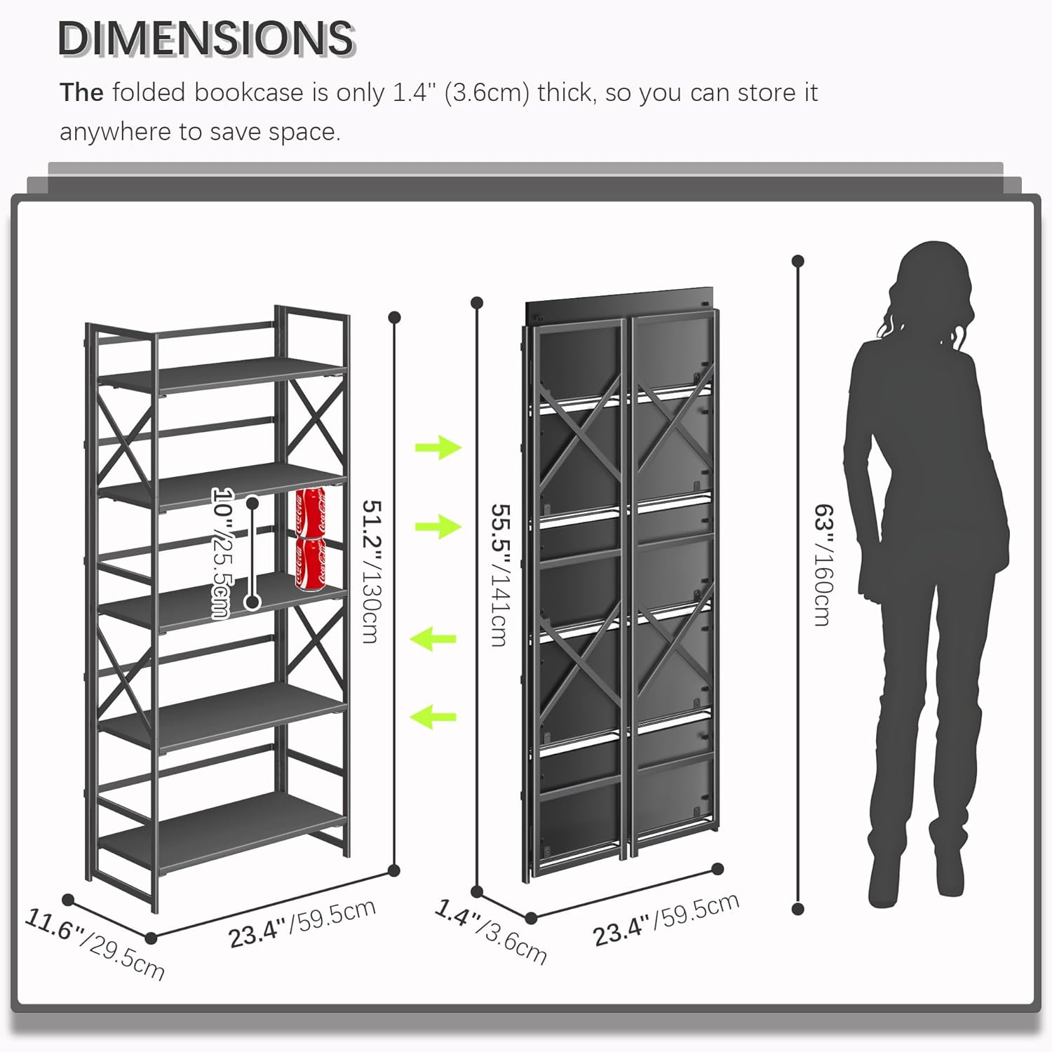 4NM 5 Tiers No Assembly Book Shelves, 51.2' H Folding Bookshelf Bookcase Open Industrial Foldable Shelves for Bedroom, Living Room, Home Office - All Black