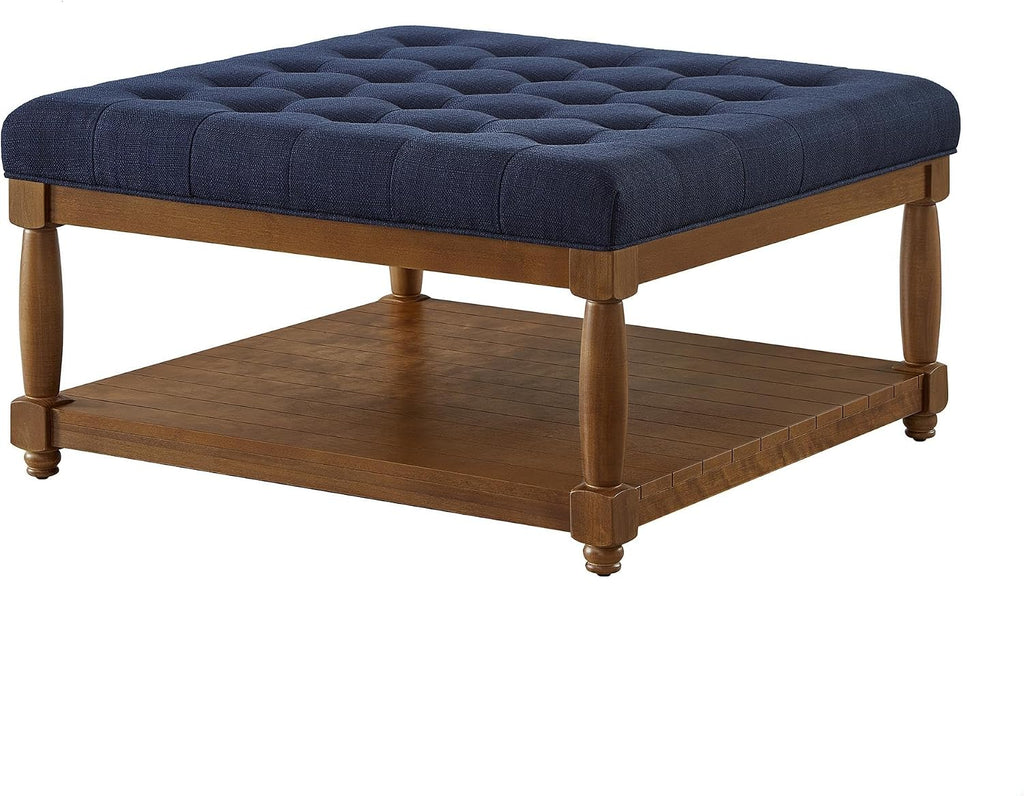 GDFStudio Large Square Upholstered Tufted Linen Ottoman Coffee Table with Solid Wood Frame and Open Storage Shelf, Nailhead Trim Accent Footrest for Living Room, Navy Blue