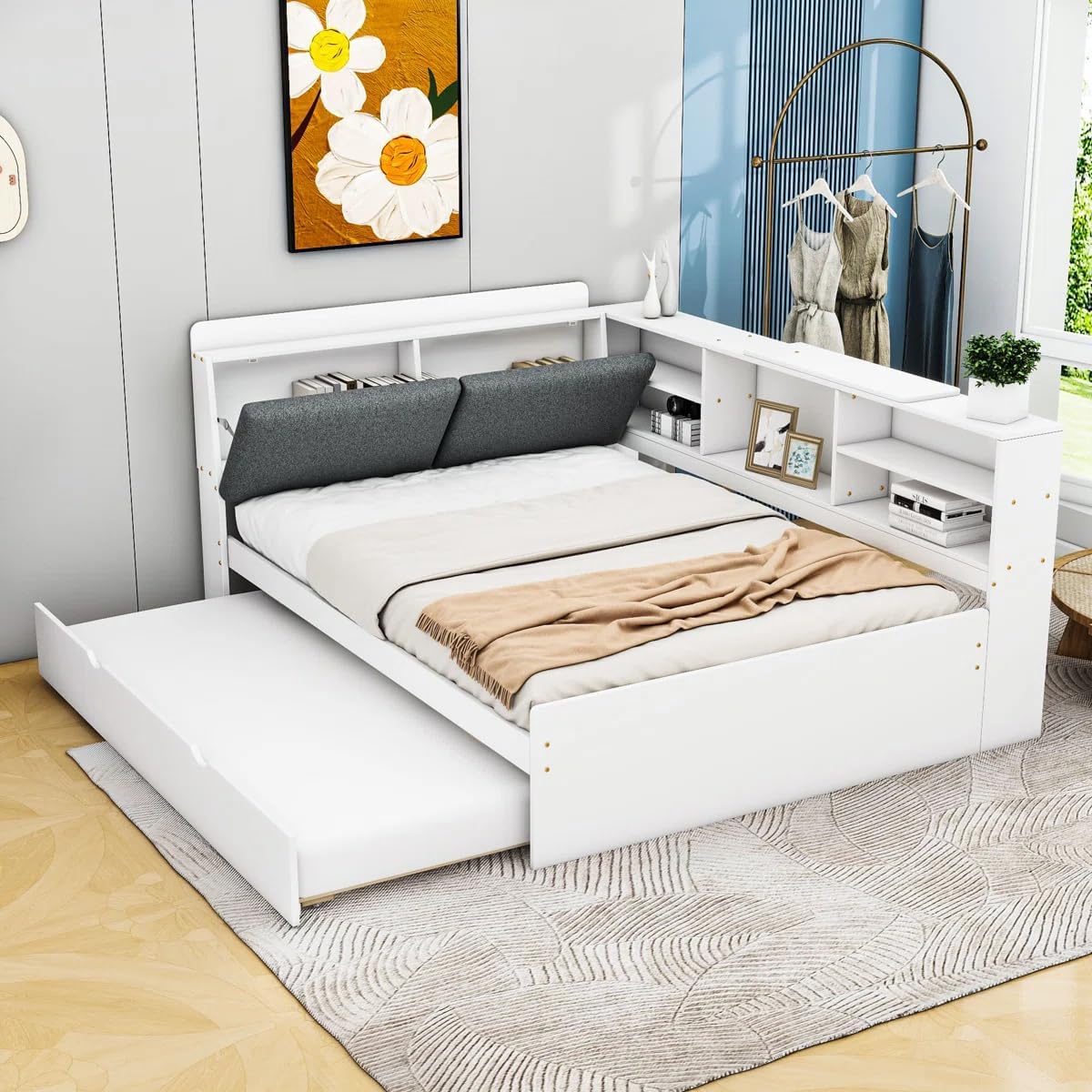 Full Size Bed with Storage Headboard, Full Daybed with Trundle and L-Shaped Shelves, Solid Wood Corner Platform Bed Frame with Storage for Apartment Bedroom, White