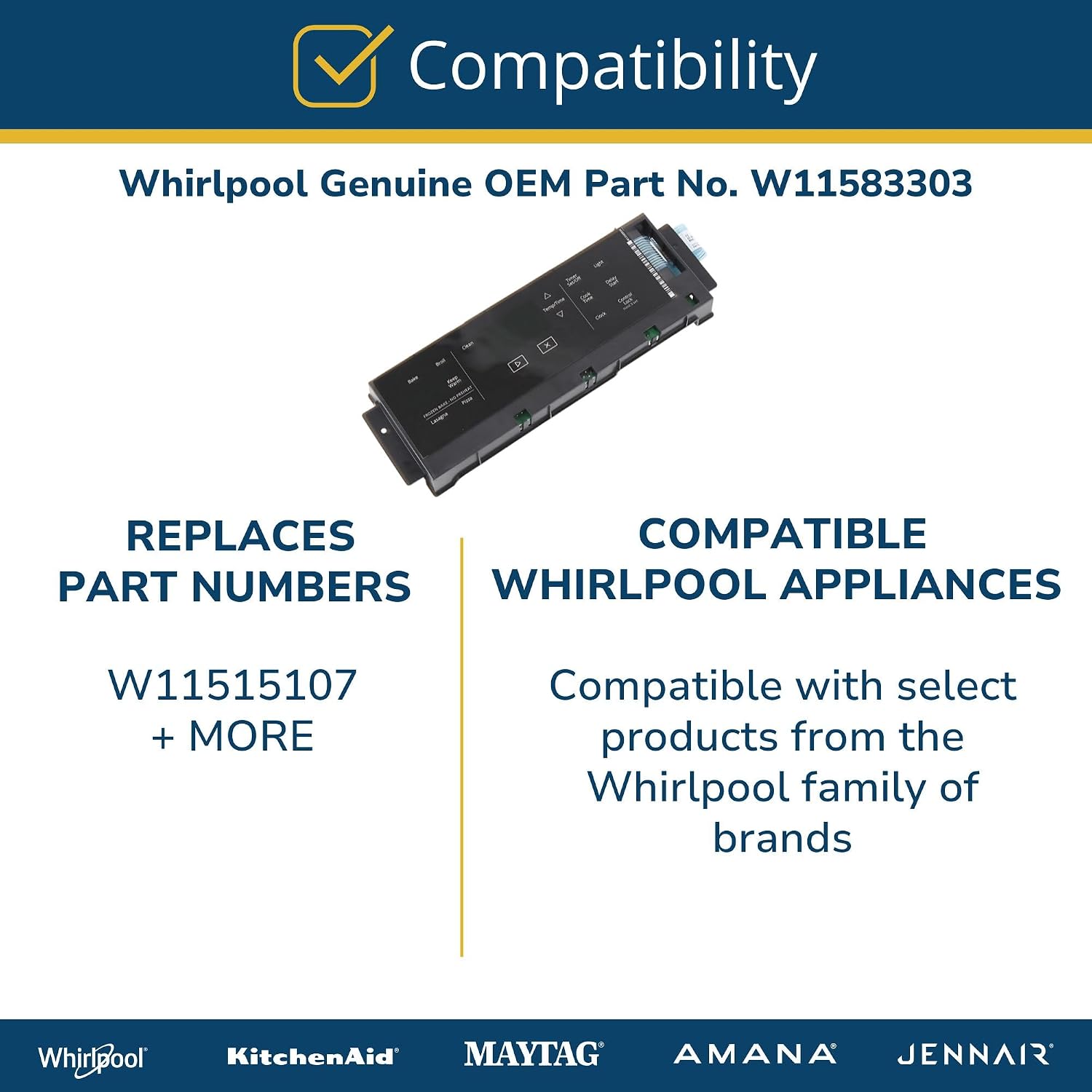 Whirlpool W11583303 Genuine OEM Range Oven Control Board Replacement Part - Replaces W11515107