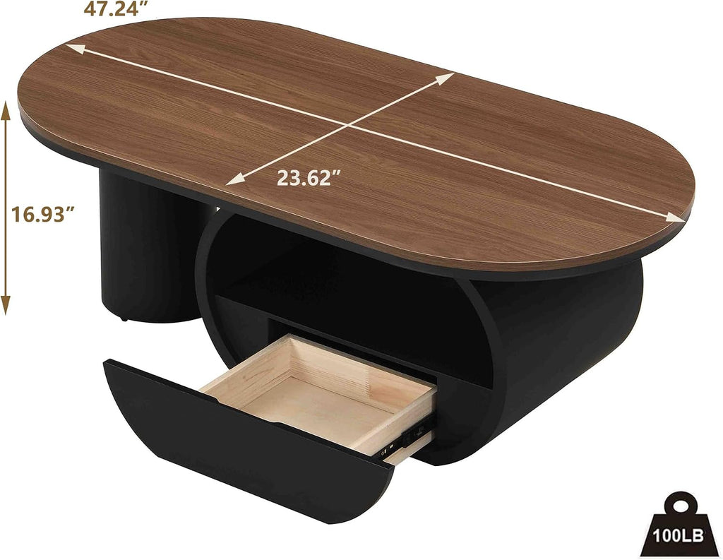 Luxury Black Oval Coffee Table, 47'' Modern Living Room Table with Storage Drawer, Rustic Walnut Top MDF, Sturdy Metal Base, Large Center Tables for Home Apartment