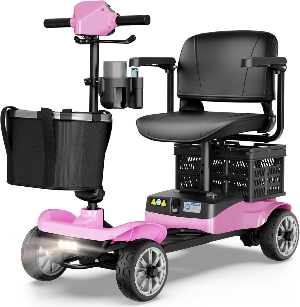 Mobility Scooter for Adults & Seniors with Removable Battery, Cruise & Airport Approved, Foldable Motorized Scooters with Dual Basket, Phone & Cup Holder, Pink