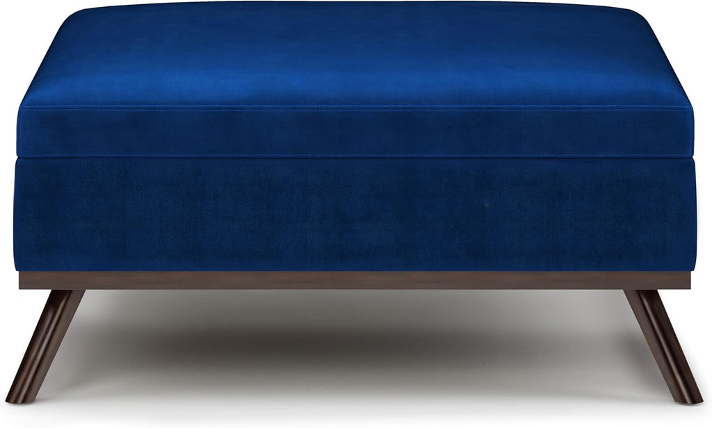 SIMPLIHOME Owen 36 inch Wide Mid Century Modern Square Coffee Table Storage Ottoman in Blue Velvet Fabric, Assembled, for the Living Room, Entryway and Family Room