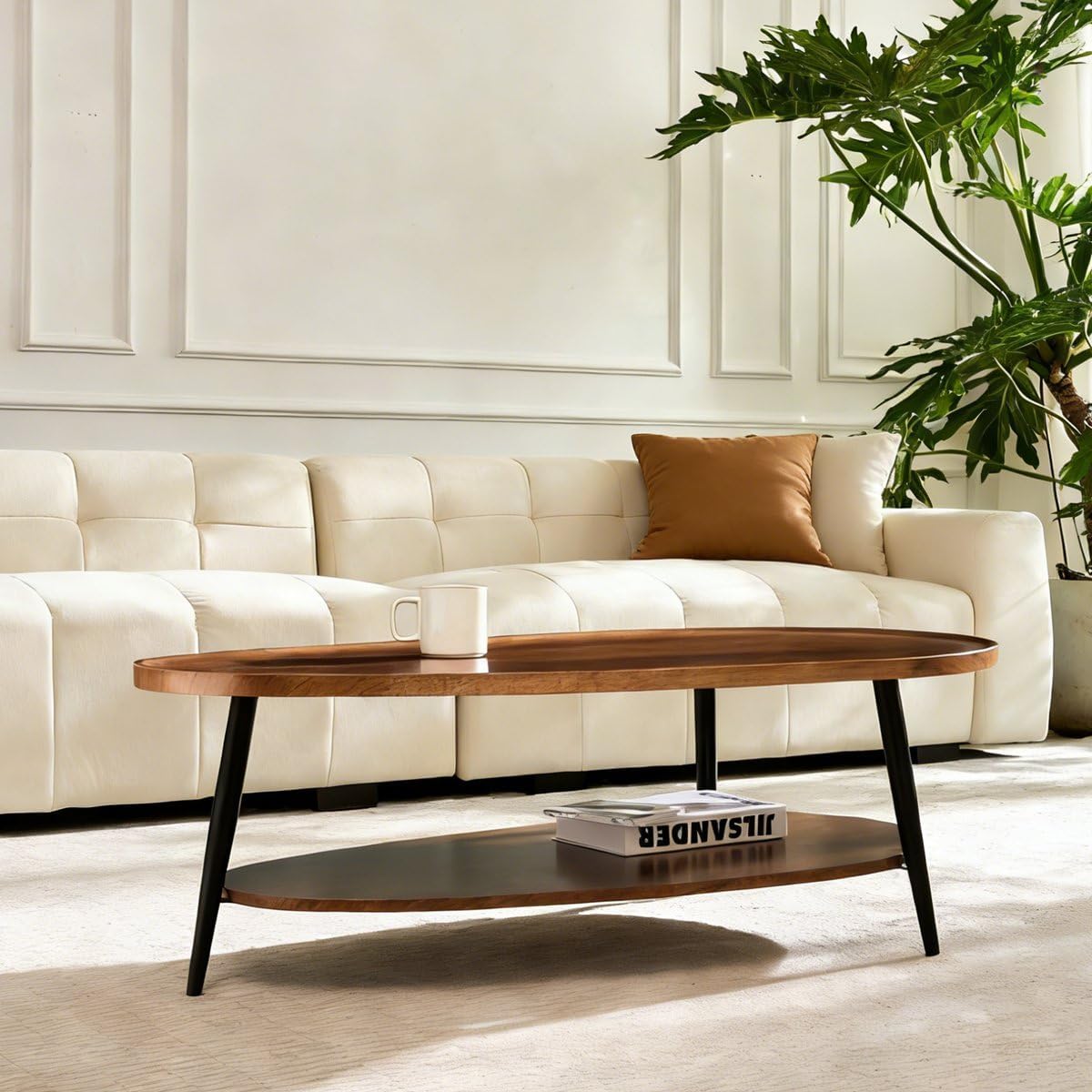AGV Oval Coffee Table with Storage Shelf, 47' Mid Century Modern Coffee Table for Living Room, Walnut Wood Finish MDF Top with Black Metal Legs