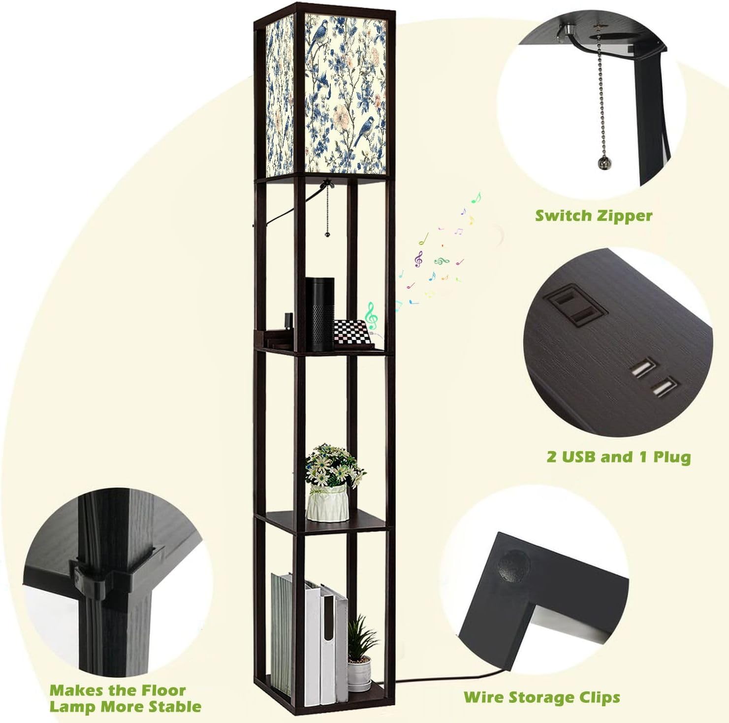 Floor Lamp with Shelves Toile De Jouy Vintage Floral Seamless Pattern 13 Featuring delicate Standing Tall Lamp USB Ports & Power Outlet Modern Corner Lamp Nightstand Light for Living Room Bedroom