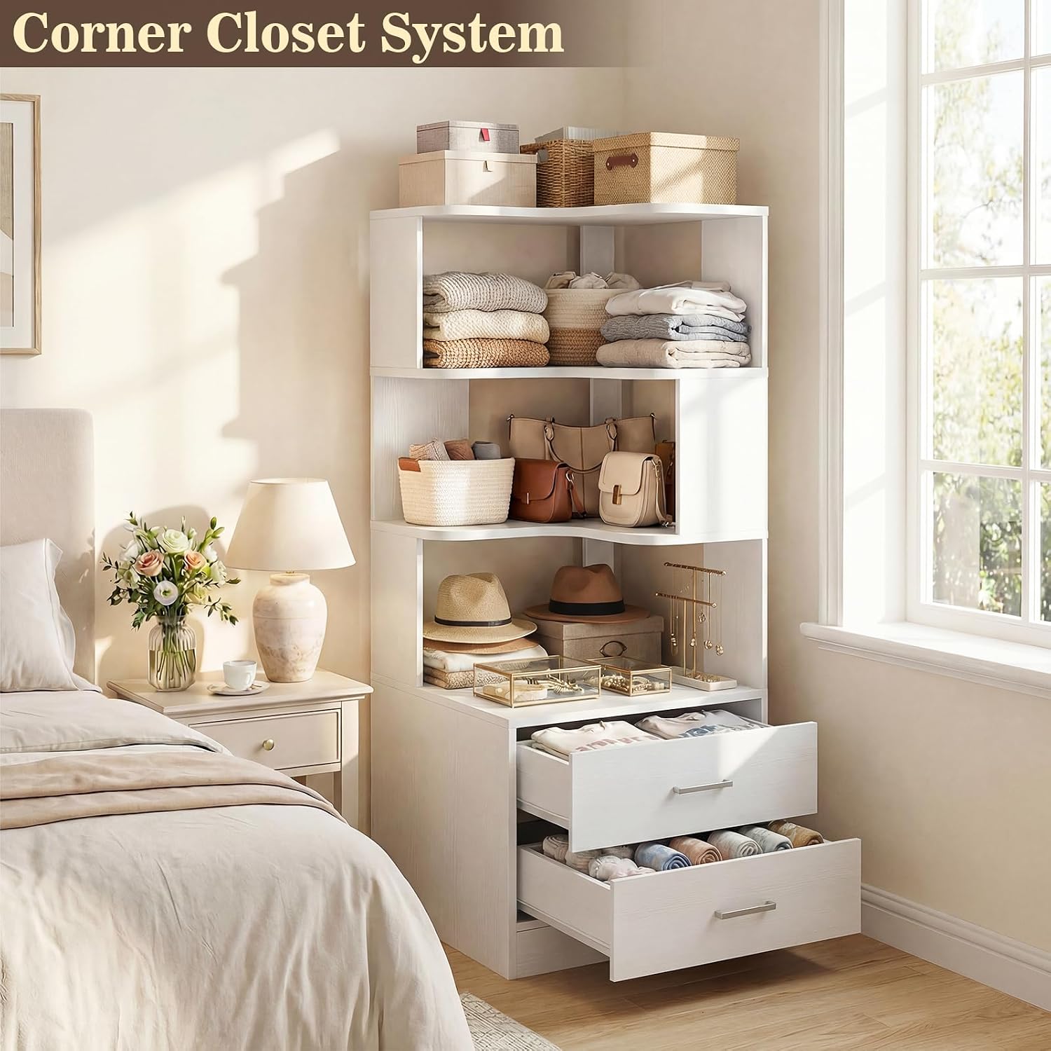 Armocity Corner Bookshelf with Drawers, 6 Tier Corner Book Shelf Display Bookcase, Freestanding L Shaped Bookshelf for Bedroom, Living Room, Home Office, White