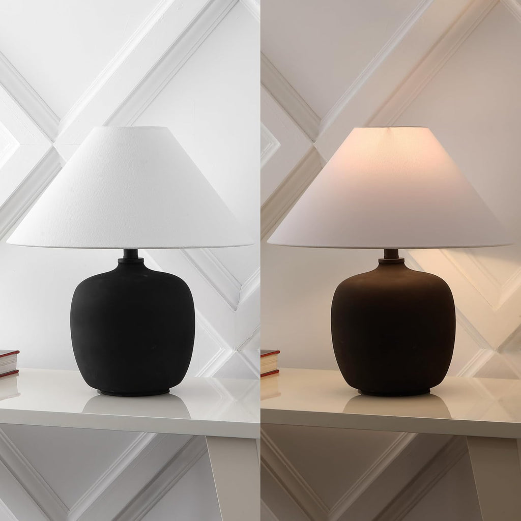 JONATHAN Y 18.25' Matte Black Minimalist Table Lamps Set of 2 for Bedroom, White Linen Shade, Modern Scandinavian Bedside Lamps for Living Room Nightstand, LED Bulbs Included JYL5600A-SET2