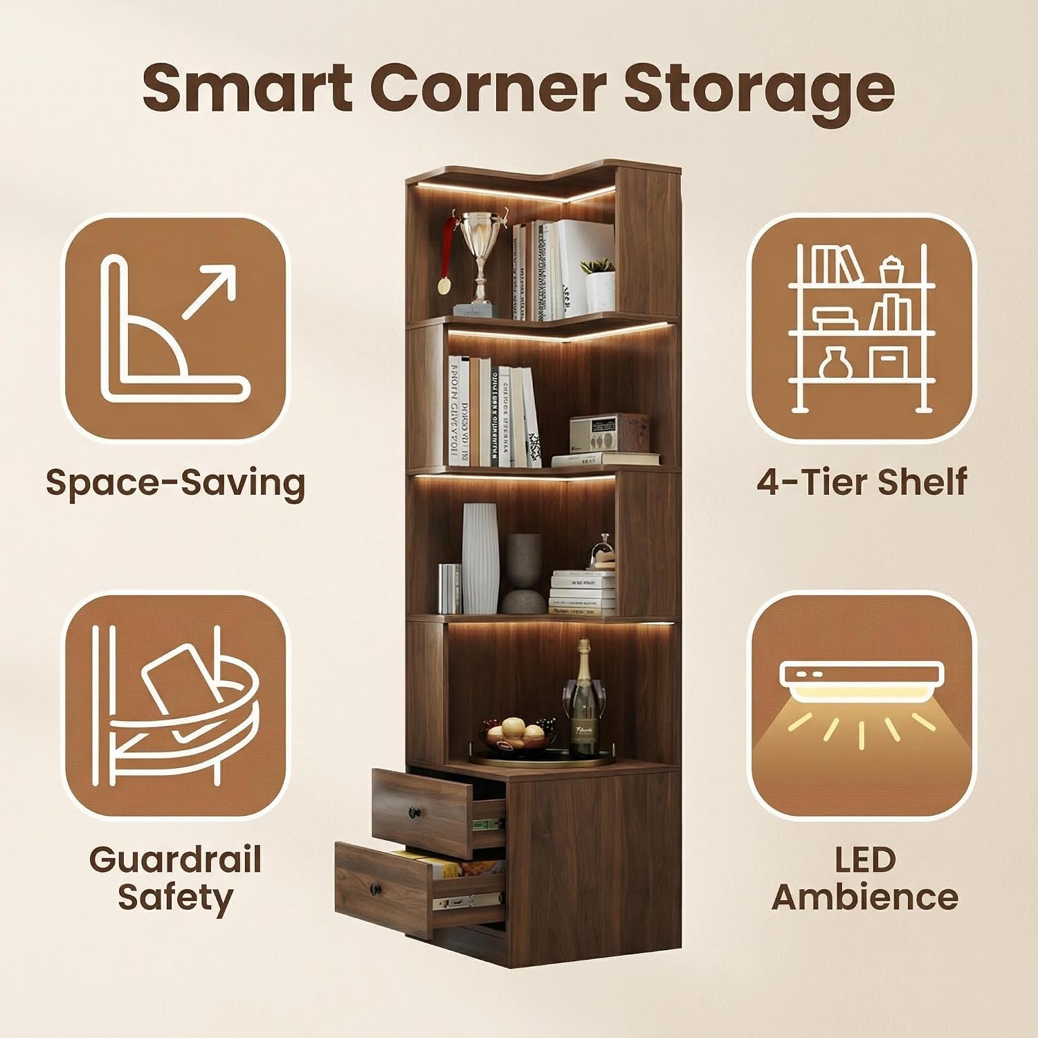 4 Tier Corner Bookshelf with Drawers, L Shaped Freestanding Corner Bookcase with LED Lights and Baffle, Space Saving Display Shelf for Living Room, Bedroom, Home Office, Kitchen(Walnut)