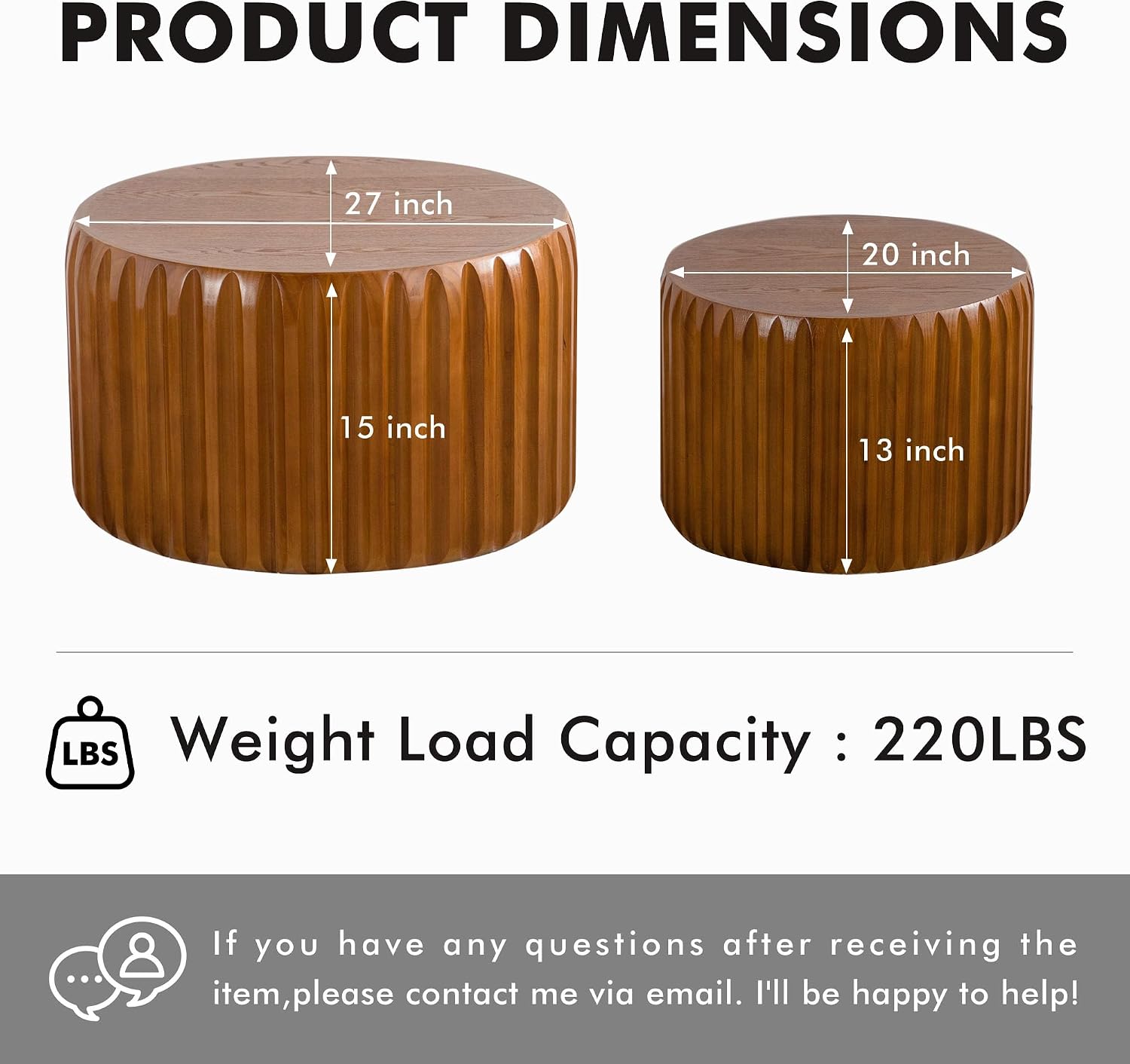 Round Nesting Coffee Table Set of 2, Mid Century Modern Wood Fluted Coffee Table, Drum Circle Coffee Tables for Living Room, No-Assembly Center Table End Side Table for Home, Office