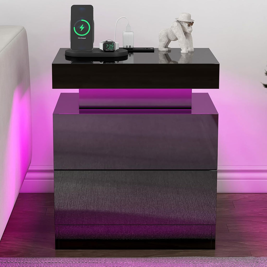 VanAcc 4-Piece Living Room Table Set, 80' Fireplace TV Stand with High Gloss Doors, Modern Coffee Table, LED Light End Table,High Glossy Table Sets for Living Room, Black