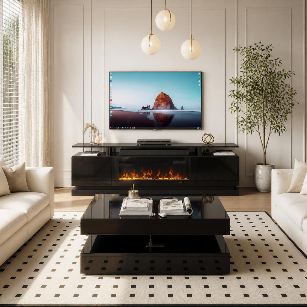 2-Piece Modern Living Room Table Set, Includes High Gloss 70' Fireplace TV Stand and 39' Modern High-Glossy LED Coffee Table with 2 Sliding Drawers, Black