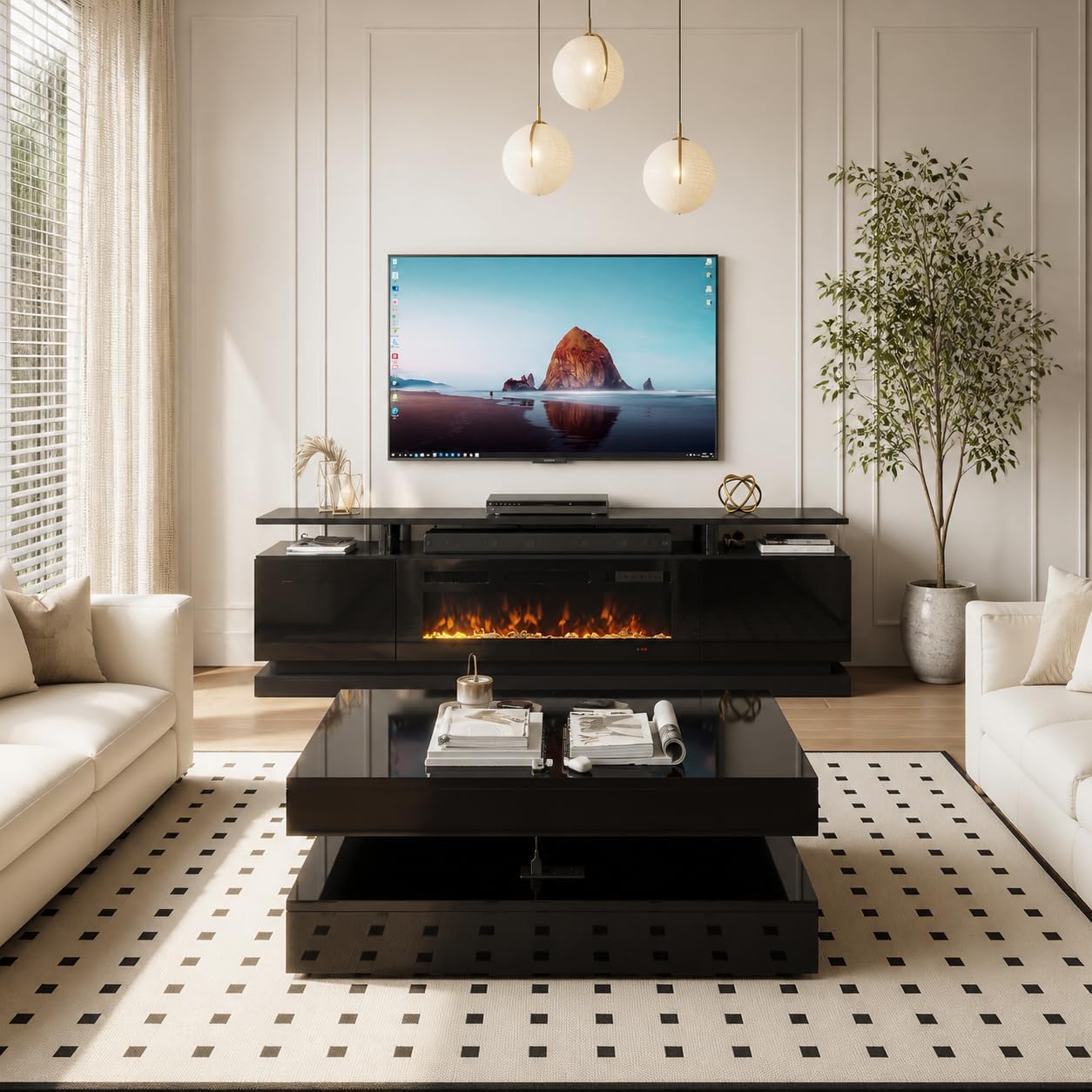 2-Piece Modern Living Room Table Set, Includes High Gloss 70' Fireplace TV Stand and 39' Modern High-Glossy LED Coffee Table with 2 Sliding Drawers, Black