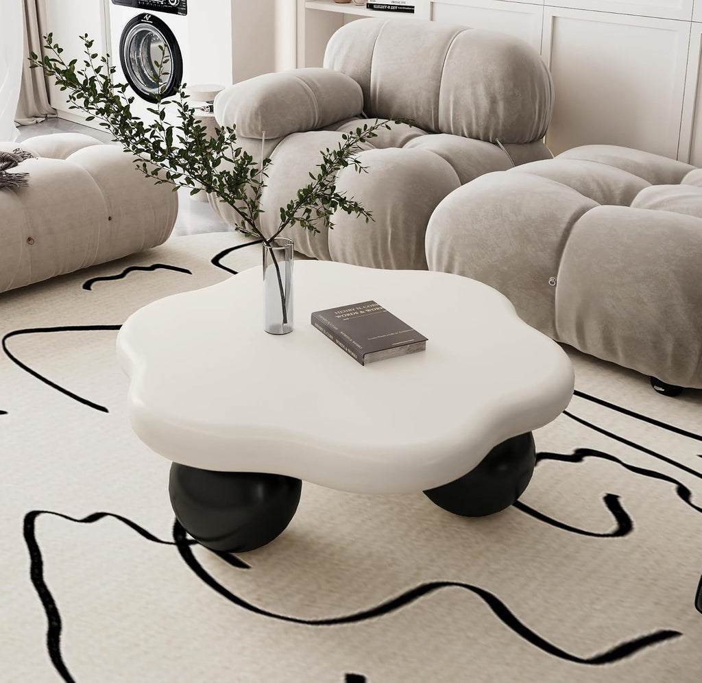 35.03' Cloud Coffee Table for Living Room Unique Coffee Table Modern Low Coffee Tables Cute Center Table with 3 Ball Legs for Small Space Apartment Cream Flower-White & Black
